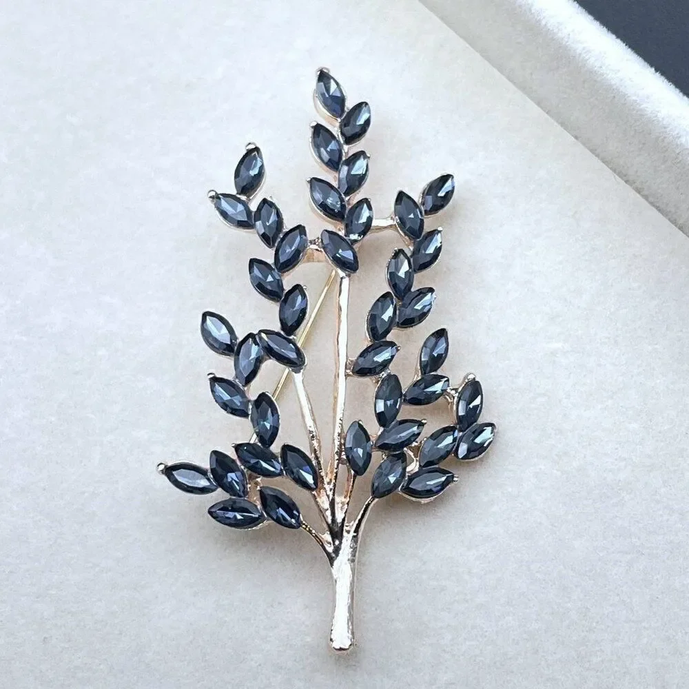 Rose Gold with Blue Sapphire Crystal Tree Branch with Leaves Pin Back Brooch